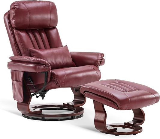 MCombo Swivel Recliner with Ottoman Faux Leather TV Chair with Vibration Massage Ideal for RV Small Space Living Room &amp Bedroom 4999 (Faux Leather Burgundy)