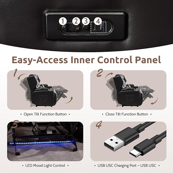 SAMERY Loveseat Recliner Sofa Power Reclining Loveseat Sofa Wall Hugger Recliners RV Couch with Flip-Backrest Solid Wood Top Ambient LED Lights USB-C Outlets Faux Leather Black | Extra Wide Se