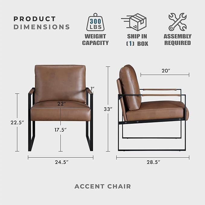 Lexicon Modern Accent Chair Faux Leather Upholstered Living Room Chair with Wrapped Armrests Arm Chair with Black Metal Frame Comfy Single Chair for Living Room/Bedroom/Reading Room/Office Brown