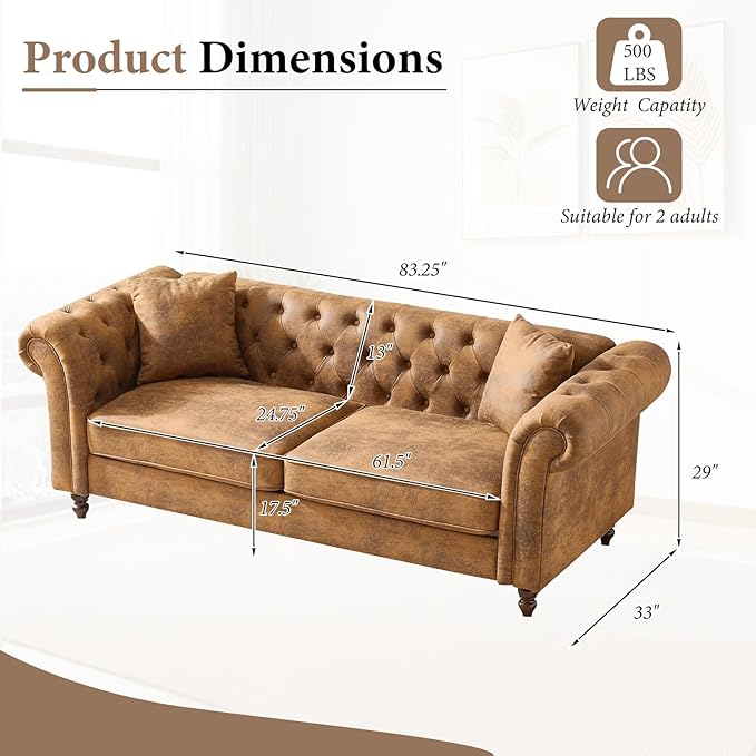 TTK 79 Chesterfield Faux Leather Sofa Couch Upholstered Tufted Rolled Arm 3-Seater Couch with 2 Pillows Mid Century Modern Chesterfield Sofa for Living Room Office Apartment Brown | Button Tufte