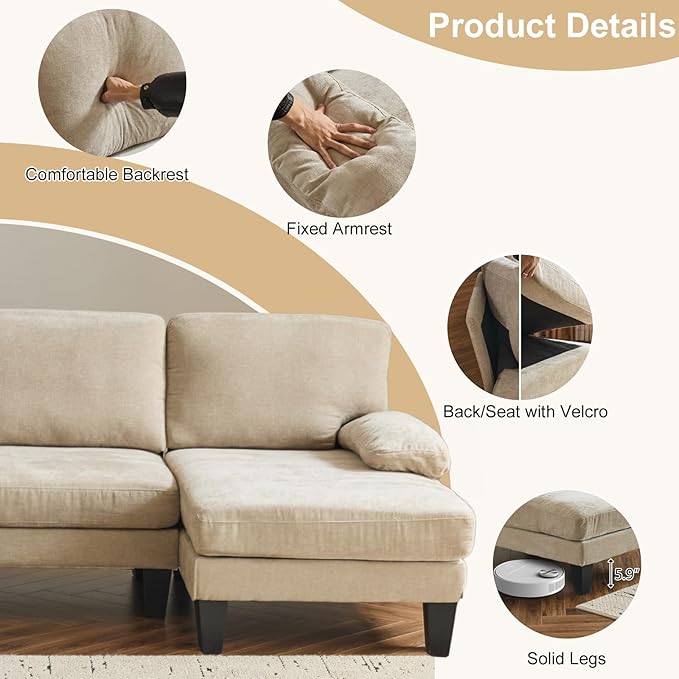 Karl home U-Shape Sectional Sofa Couch 111 Modern 4-Seat Sofa with Chaises Chenille Fabric Upholstered Covertible Couch with Wood Grain Legs for Living Room Reception Room Apartment Khaki