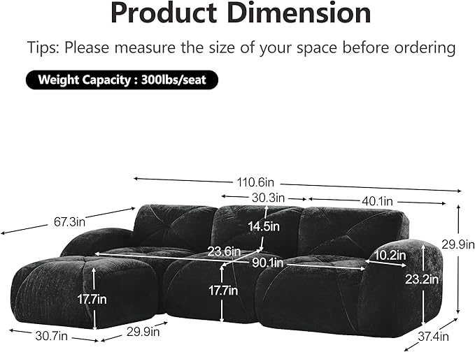 110-Inch Cloud Sectional Couches L-Shaped 4 Seat Boneless Modular Sofa with Ottoman Velvet Tufted Upholstered Boneless Couch Floor Full Foam Sofas for Living Room