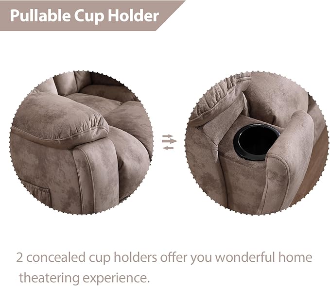 EBELLO Reclining Sofa for Living Room Extra Wide Modern Overstuffed 3 Seat Recliner Manual Sofa Chair with Hidden Armrest Cup Holders Breathable Soft Fabric and Padded Seat Light Brown
