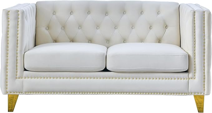 KEIKI Tufted Velvet 3+2 Seat Sofa Couch for Living Room Buttons Tufted Square Arm Couch for Home Apartment Beige