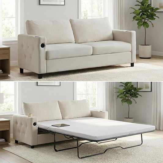 Mjkone 72 Full Size Pull Out Sofa Bed Velvet 2-in-1 Convertible Sleeper Sofa Bed with Memory Foam Mattress Cup Holder USB Charging PortsGuest Couch Bed for Living Room Small Spaces - Beige