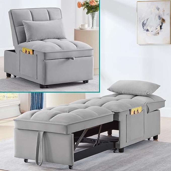 4 in 1 Sleeper Chair with Pullout BedConvertible Lazy Sleeper Sofa Chair withStorage Pockets &amp Adiustable Backrest forLiving Room (Grey)