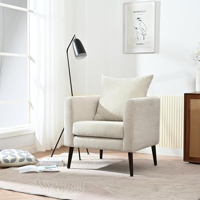 Modern Accent Chair for Living Room Chairs Comfortable Lumbar Support Armchair Removable Cushion Covers Single Sofa Chair with Solid Wood Legs Bedroom Reading Chair Beige