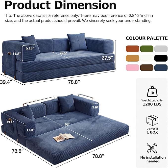 78.8 Boneless Sleeper Sofa BedConvertible Futon Couch with Storage Pocket and 2 PillowsModular Corduroy Sofa for livingroomSmall speaceBlue