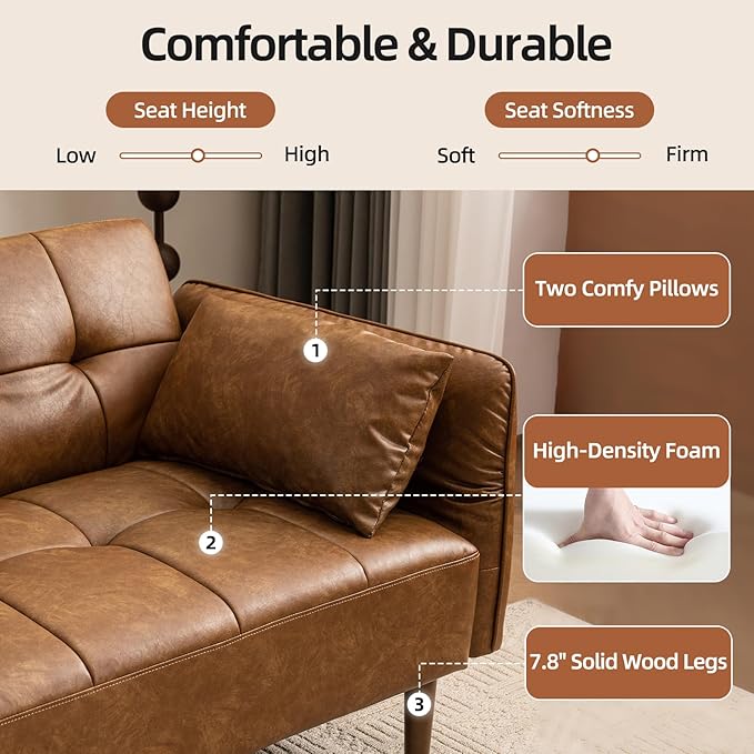 85” Futon Sofa Bed Sleeper Sofa Small Couch with Storage Adjustable Armrests Pillows Faux Leather Loveseat Mid Century Modern Couches for Living Room Bedroom Apartment Brown