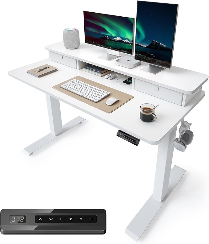 Cubiker 48 x 24 Electric Standing Desk with Double Storage Drawers Height Adjustable Home Office Computer Workstation 4 Adjustable Feet &amp 2 Hooks White