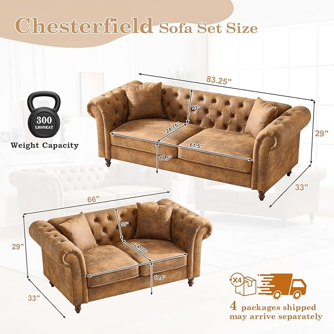Mid Century Modern Faux Leather Couch Set of 2 Tufted Couch and Loveseat Set muebles para la sala Comfy Chesterfield Upholstered Office Furniture Living Room Sofa Set 2 Piece (Brown 2+3 Seater)