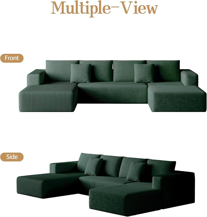 134.6'' U-Shaped Modular Sectional SofaModern Comfortable Corduroy Cloud CouchConvertible Boneless Couches for Living Room with OttomanNo Assembly(Green)
