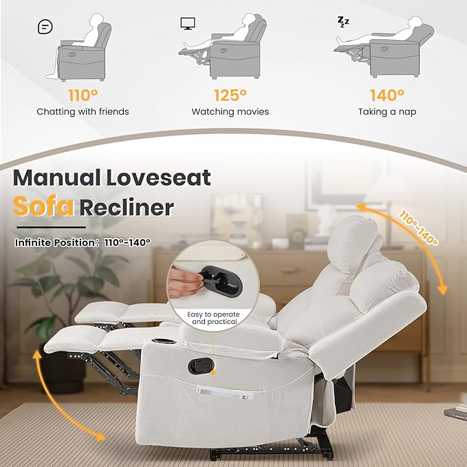 Reclining Sofa CouchLoveseat Recliner Sofa with Drop Down Table/ 4 Cup Holder/Hidden Storage Wall Hugger Recliner Sofa for Living Room &amp Home Theater &amp RV(Beige)