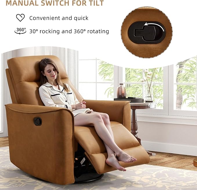 CANMOV Swivel Rocker Recliner Glider Rocking Chair Nursing Chairs Swivel Glider Recliners with Soft Backrest Leathaire Manual Reclining Sofa for Living Room Bedroom Apartment Brown