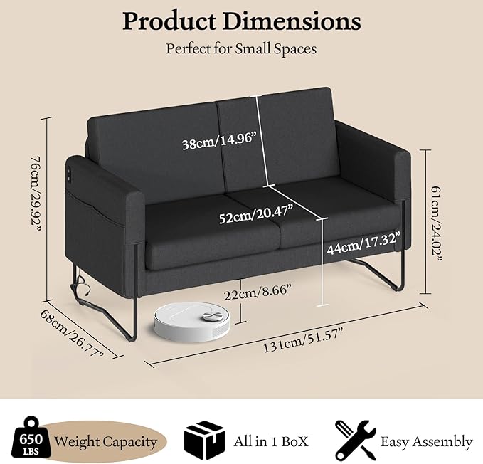 STHOUYN Small Black Love Seat Couches with USB Port &amp Side Pocket Small Loveseat for Small Spaces Mini Sofa for Bedroom 2 Seater Office Couch (Black)