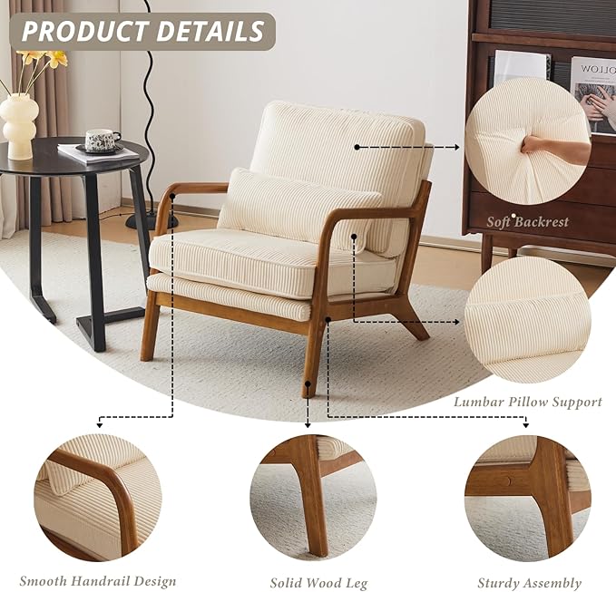Karl home Mid-Century Modern Accent Chair Living Room Chairs with Pillow Corduroy Upholstered Lounge Armchair with Solid Wood Frame &amp Soft Cushion for Bedroom Reading Room Beige