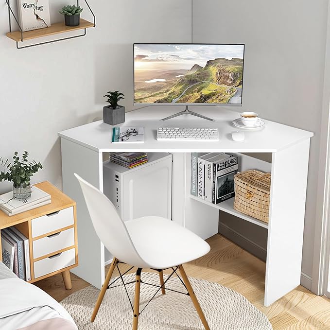 COSTWAY Corner Computer Desk Space-Saving Triangular Writing Desk w/ 2 Storage Shelves &amp 2 Cable Holes Multi-Functional Console Table for Small Space in Home Office Living Room Bedroom (White)