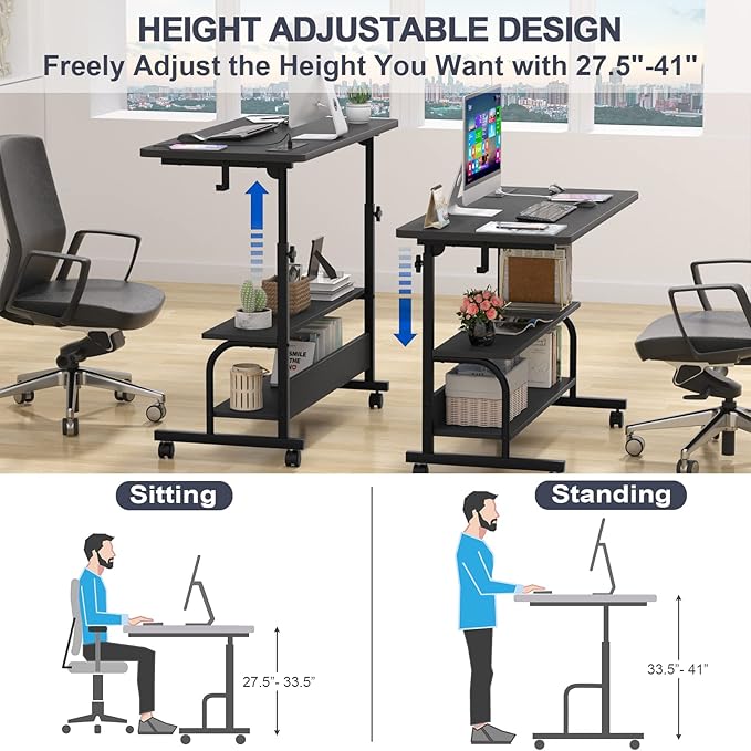 Armocity Rolling Standing Desk with Power Outlets 32 Manual Height Adjustable Mobile Computer Desk with Wheels Small Portable Sit Stand Laptop Couch Table for Bed &amp Sofa Home Office Black