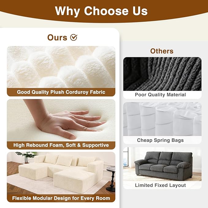 117” Modular Sectional Cloud Couch with L-Shape Chaise Lounge Boneless Convertible Sofa for Living Room Corduroy 4-Seater Couch No Assembly Required Cream Beige Left Facing Chase