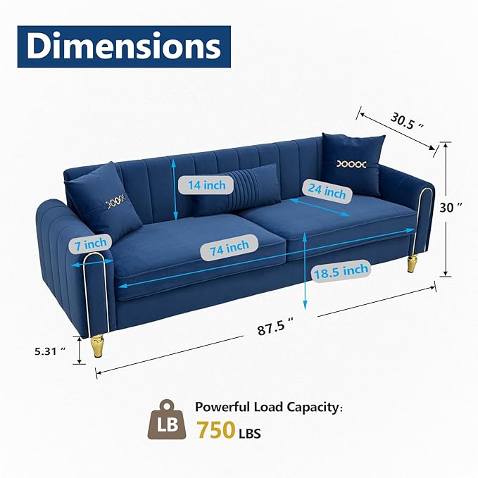 87.5 Modern 3-Seater Velvet Couch with Metal Legs &amp Decorative Pillows High Resilience Sponge Spring Seat Luxury Sectional Loveseat Sofa for Living Room Apartment Small Space Blue
