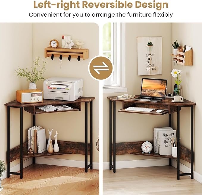 Giantex Small Corner Desk with Charging Station Triangle Computer Desk with Keyboard Tray &amp Storage Shelf Metal Corner Writing Desk for Bedroom Small Space Home Office Black &amp Rustic Brow