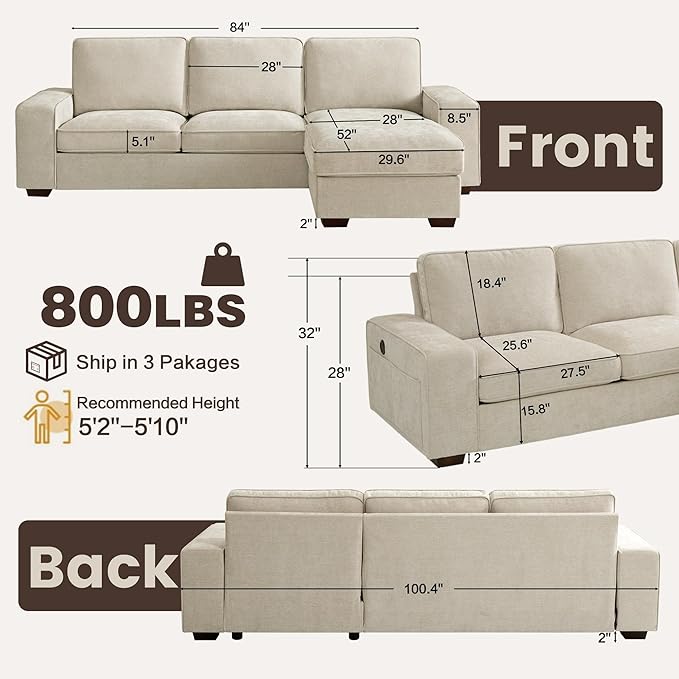 PARKOL 99 L-Shaped Sectional Couch with Storage Sofa with Reversible Chaise USB Type-C Charging Chenille Fabric Removable Cushion Covers for Small Space Apartment Living Room Beige