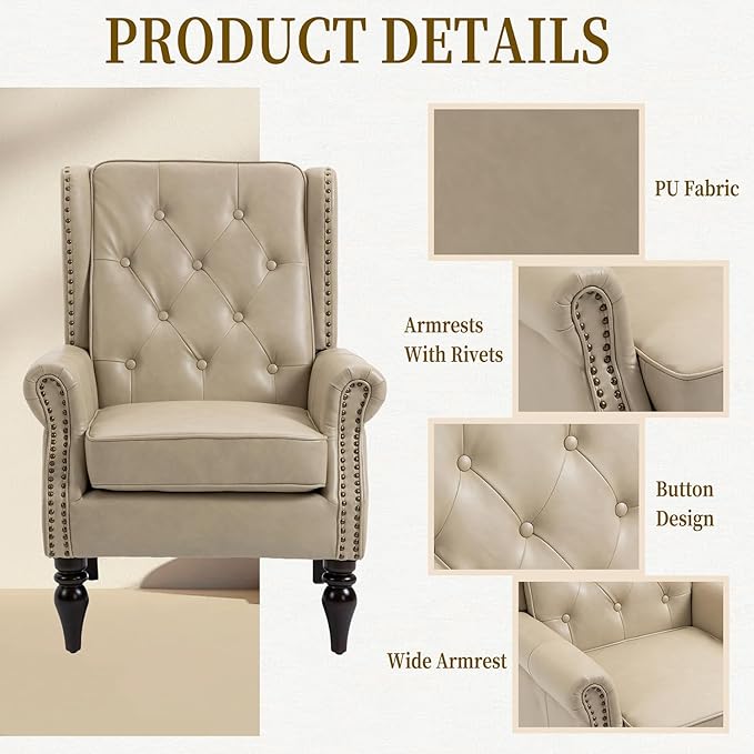 Mid-Century Wingback Chair PU Leather Accent Chair with Buttons Modern Living Room Lounge Sofa Chair with Rivet DecorationSingle Club Armchair for Bedroom Home Reception(PU Camel)