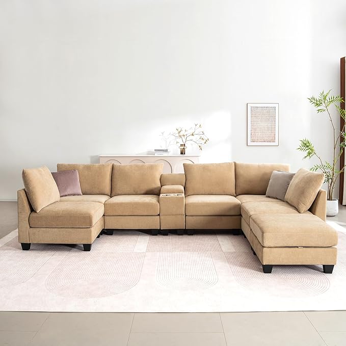 136.4 Modular Sectional Sofa U-Shaped 7 Seater Sectional Sofa with Storage Ottoman Linen L-Shaped Couch Large Cloud Couch with Cup Holders &amp USB for Living Room（Camel