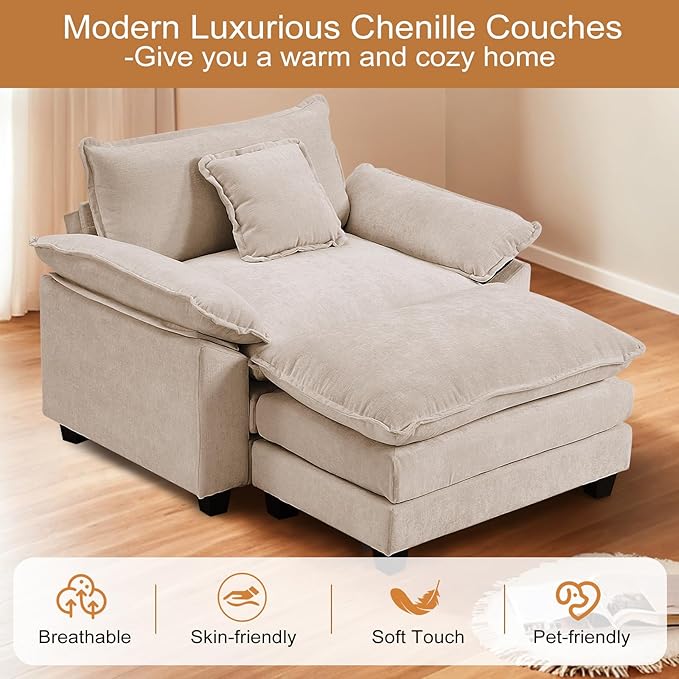 Furniliving 46‘’ Oversized Chair with Ottoman Luxury Chenille Single Sofa Upholstered Deep Seat Chaise Lounge with Pillows for Living Room Bedroom Apartment Camel