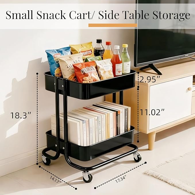 2 Tier Cart with Wheels Heavy Duty Metal Rolling Storage Cart for Under Desk Storage Short Small Utility Shelf for Pantry Kitchen Bathroom Laundry Home Organizer with Large Basket Black