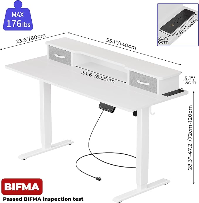 JOISCOPE 55 Inch Electric Standing Adjustable Height Desk with USB &amp Type-C Outlet Home Office Computer Gaming Desk with Display Riser and Double Drawer Sit Stand Desk White
