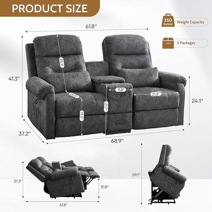Power Lift Recliner LoveseatVelvet Reclining Loveseat Sofa RV Couch with ConsoleDual Power Lift Recliner Chair for Elderly with Heat and MassageElectric Lift Chairs for Living Room (Gray)