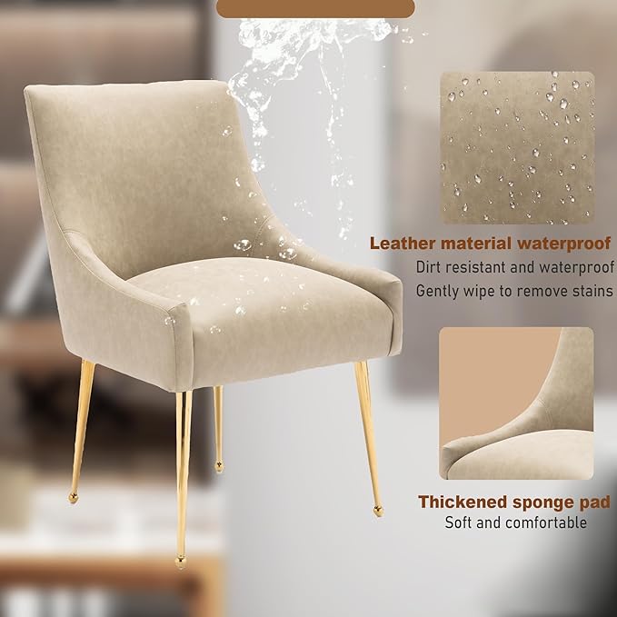 Dining Room Chair Faux Leather Vanity Chairs Set of 2 Mid-Century with Metal Legs Upholstered PU Leather Luxury Accent Chairs Living Room Restaurant(Dark Apricot)