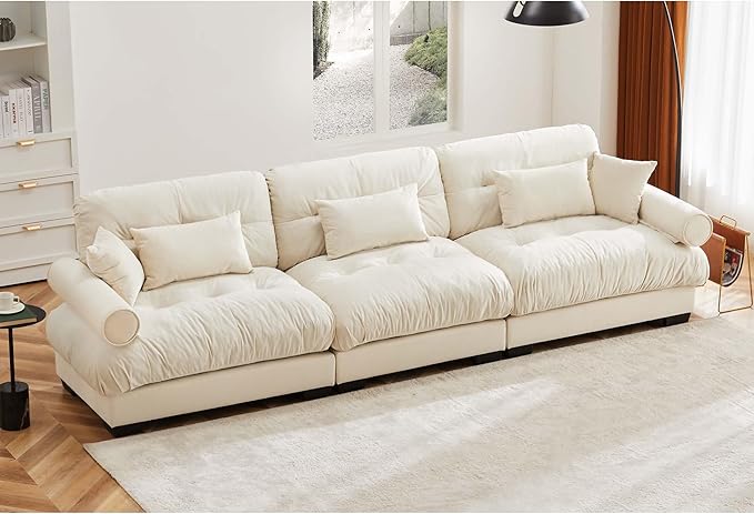 KEIKI 130 Oversized Velvet Modular Sectional Sofa with High-Density Foam Cushion and Bolstered Armrests Upholstered Modern Style 3-Seater Cloud Couch with 5 Pillow for Apartment Living Room Cream