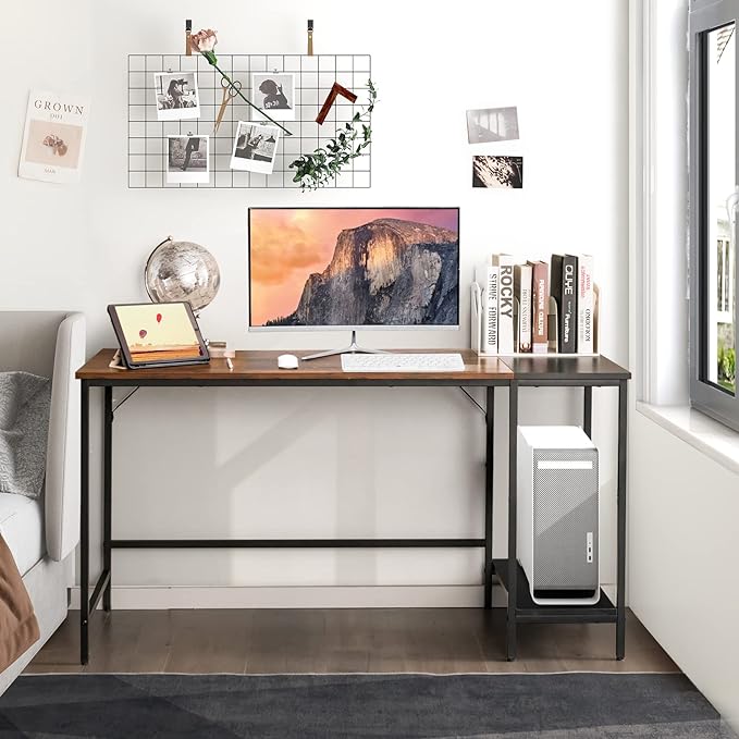 Tangkula 55” Computer Desk Large Home Office Desk with 2-Tier Storage Shelves Modern Laptop PC Desk with Heavy-Duty Steel Frame Multipurpose Writing Desk Study Desk (Rustic Brown)
