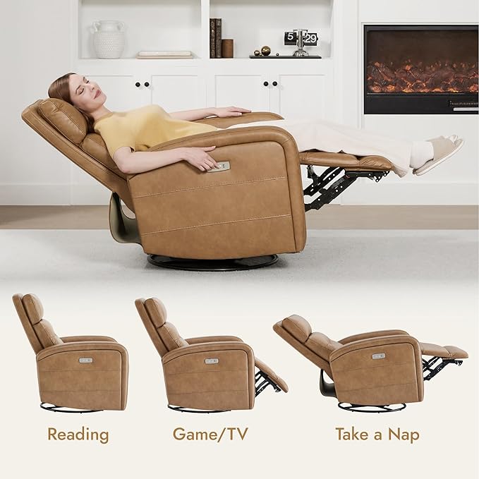 Watson &amp Whitely Swivel Power Recliner Glider Rocker Small Recliner with Charging Port for Living Room Faux Leather in Camel