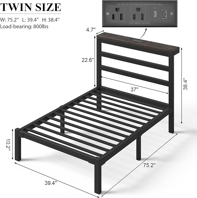Twin Size Bed Frame with Storage Headboard Industrial Platform Bed with Charging Station and LED LightsUnderbed Storage Space No Box Spring Needed Easy Assembly Modern Black