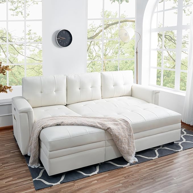 Naomi Home L-Shaped Sectional Sleeper Sofa with USB Ports - Convertible Pull-Out Bed Ample Storage Timeless Design Durable Construction White/Air Leather