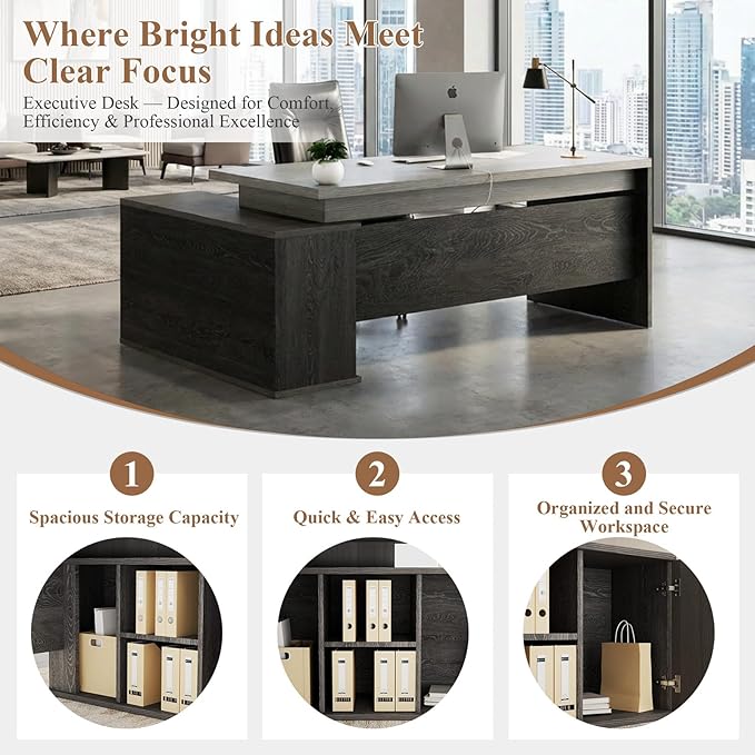 70.8 L-Shaped Executive Desk with File Drawers and Storage Cabinet Modern Large Office Desk Computer Workstation Gray Oak &amp Black Walnut (Gray Oak &amp Black Walnut 70.87IN)