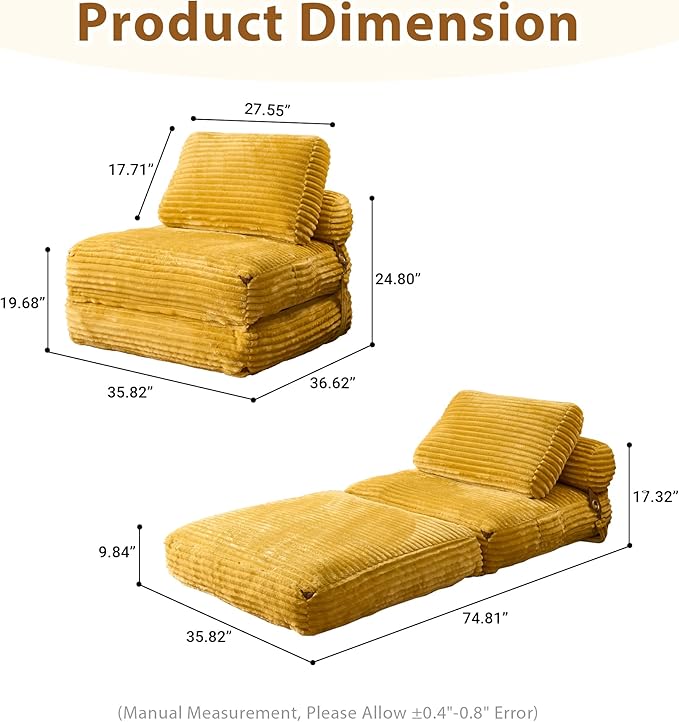 75'' Foldable Sofa Bed Convertible Sleeper Sofa with Pillow Boneless Corduroy Foldable Couch Bed Single Sleeper Chair for Small Spaces Living Room Bedroom StudioYellow
