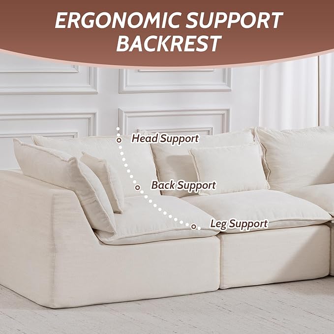 102 Cloud Sectional Sofa with Ottoman Waffle Knit Boneless Couch for Living Room Deep Seat Modular Foam Sofa Anti-Sagging 3-Seater SetWhite