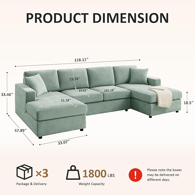 VANOMi 118'' U Shaped Sectional Sofa 4 Seat Modern Sectional Couch Double Chaise Longue Cozy Chenille Sofa Couches for Living Room Apartment Mint