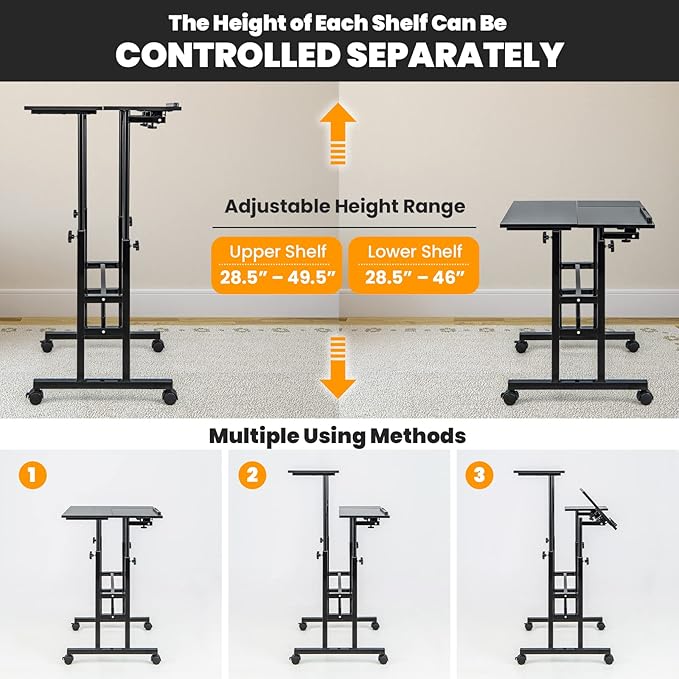 Giantex Mobile Standing Desk Height Adjustable Stand Up Desk with Wheels &amp Tilting Tabletop Rolling Laptop Cart Computer Workstation for Standing or Sitting Home Office Sit Stand Desk Black