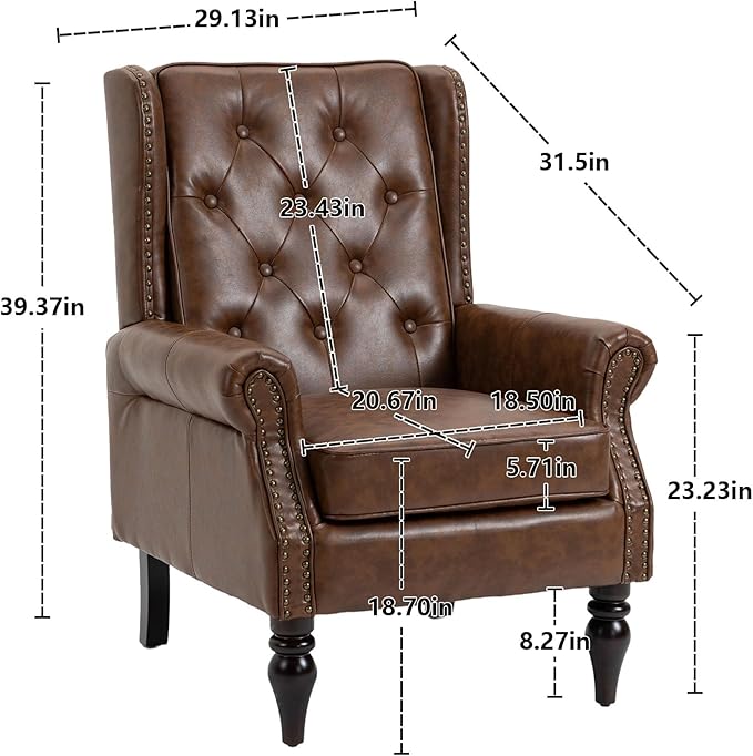 Brown Leather Accent Chair with High Back Vintage Tufted Wingback Chair with Arms &amp Rivet Upholstered Armchair &amp Single Sofa Chairs for Living Room Bedroom Office Apartment (Brown)
