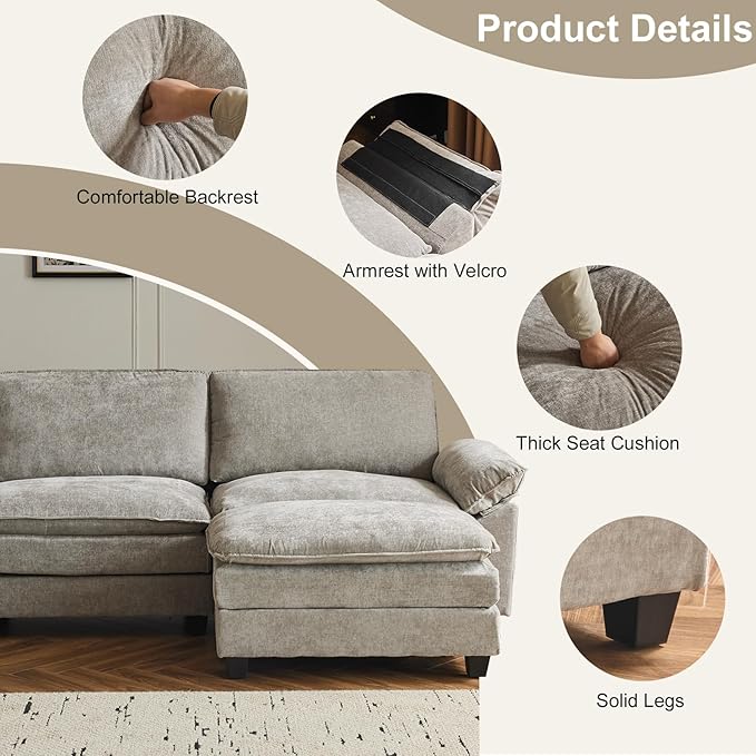 Karl home Sectional Sofa Modular Deep Seat Sofa Couch with Ottoman Chenille Sofa Sleeper Comfy Upholstered Furniture for Living Room Apartment Studio Office (3-Seat &amp 1-Ottoman Light Gray)