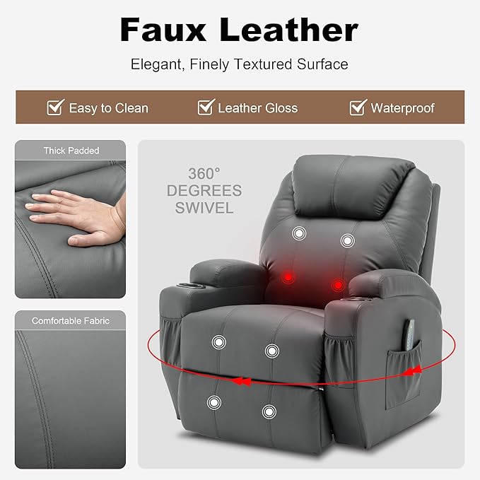 Recliner Chair Rocking Chair with Massage and Heat 360° Swivel Recliner Chairs for Adults Rocker Manual Recliner with Remote Control and Cup Holder for Living Room Bedroom Nursery