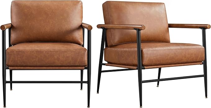 Yaheetech Accent Chair Set of 2 PU Leather Living Room Chair Back Pillow Modern Lounge Chair Wooden Arms Metal Frame Bedroom Waiting Room Retro Brown
