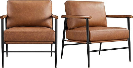 Yaheetech Accent Chair Set of 2 PU Leather Living Room Chair Back Pillow Modern Lounge Chair Wooden Arms Metal Frame Bedroom Waiting Room Retro Brown