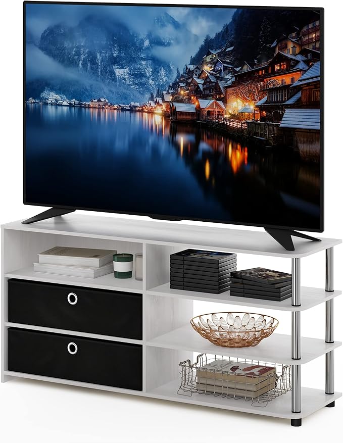 Furinno Jaya Simple Design Stand for TV up to 55-Inch with Bins White Oak/Chrome/Black