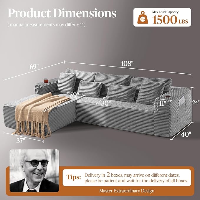 108 Cloud Modular Sectional Couch Modern Boneless Couches with Deep Seat L Shaped Sofa for Living Room No Assembly Required Corduroy (Light Grey 2 Seater+Right Facing Chaise)